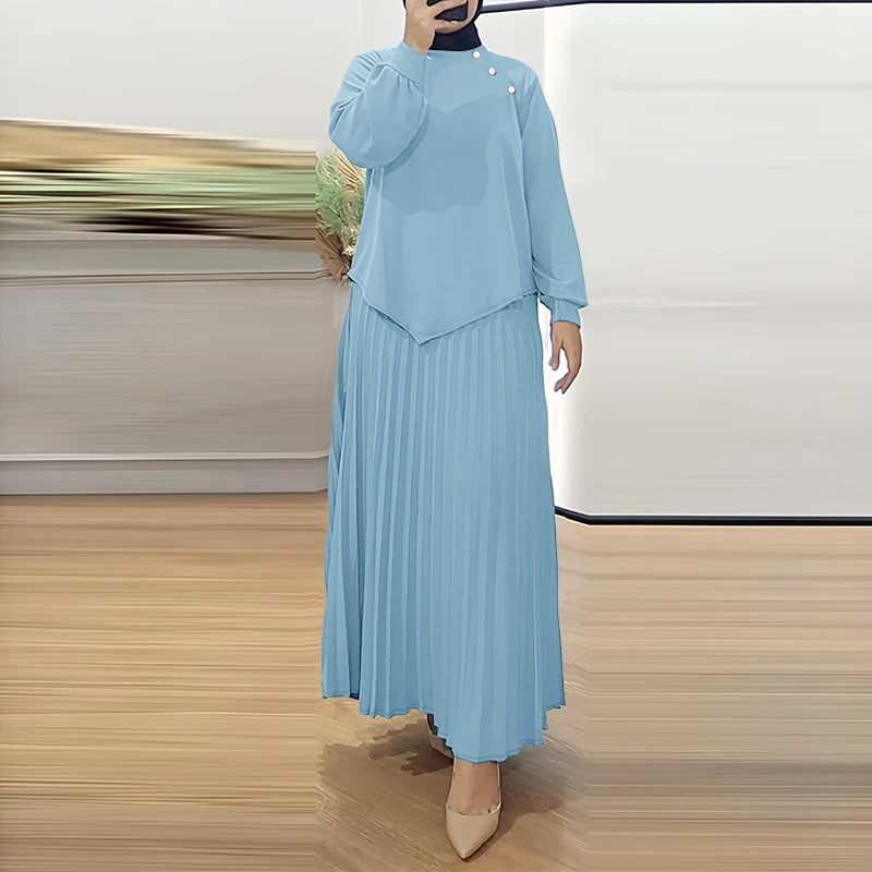 ZANZEA Muslim 2025 Hijabis Modest 2 Piece Skirt Sets Long Sleeve Asymmetrical Hem Blouse and Maxi Pleated Skirt Islamic Outfits
