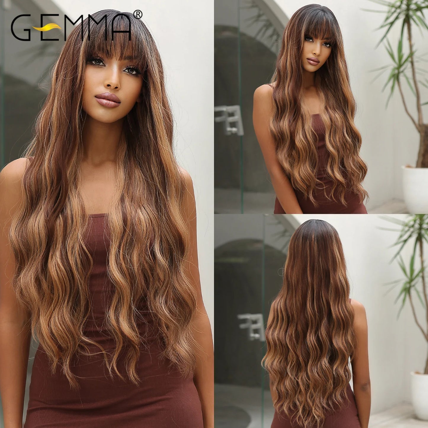 GEMMA Ombre Brown Blonde Long Straight Synthetic Wigs with Bangs Cosplay Wig for Women High Temperature Natural Fake Hair