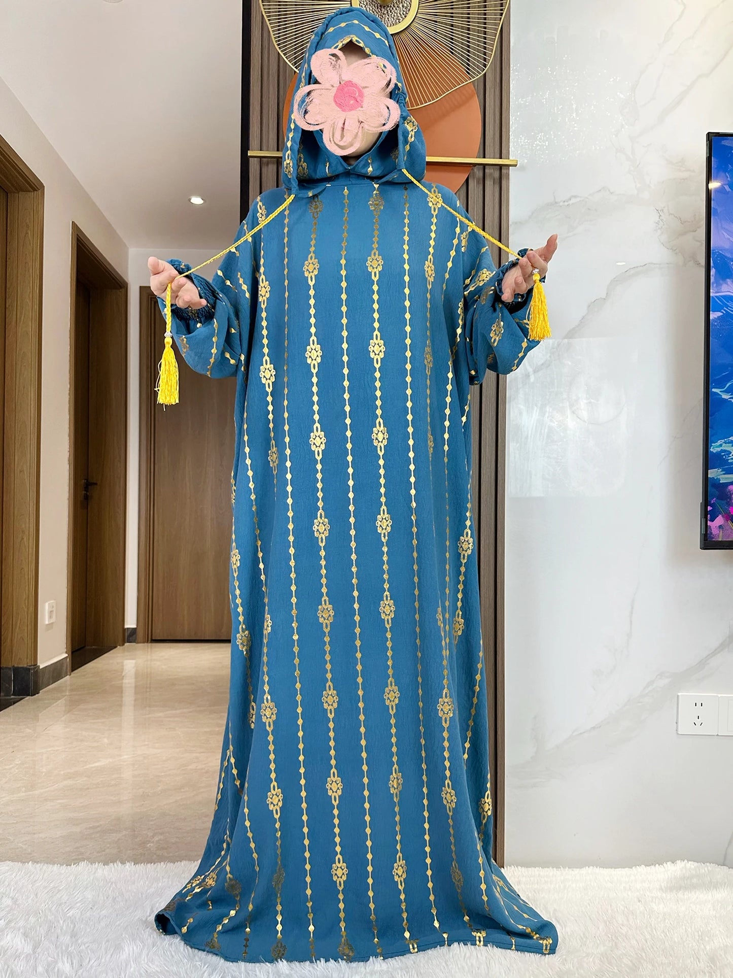 New Cotton Ramadan Muslim Two-Hat Abaya Dubai Turkey Islam Prayer Clothes Gold Dust   Dress Islam Women Dress Kaftan