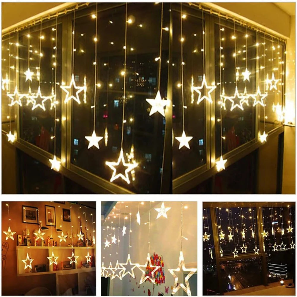 3.5m 138 LED Ice Column Star Fairy String Lights Christmas Wreath Curtains Star Lights Wedding Banquet Home Outdoor New Year Dec