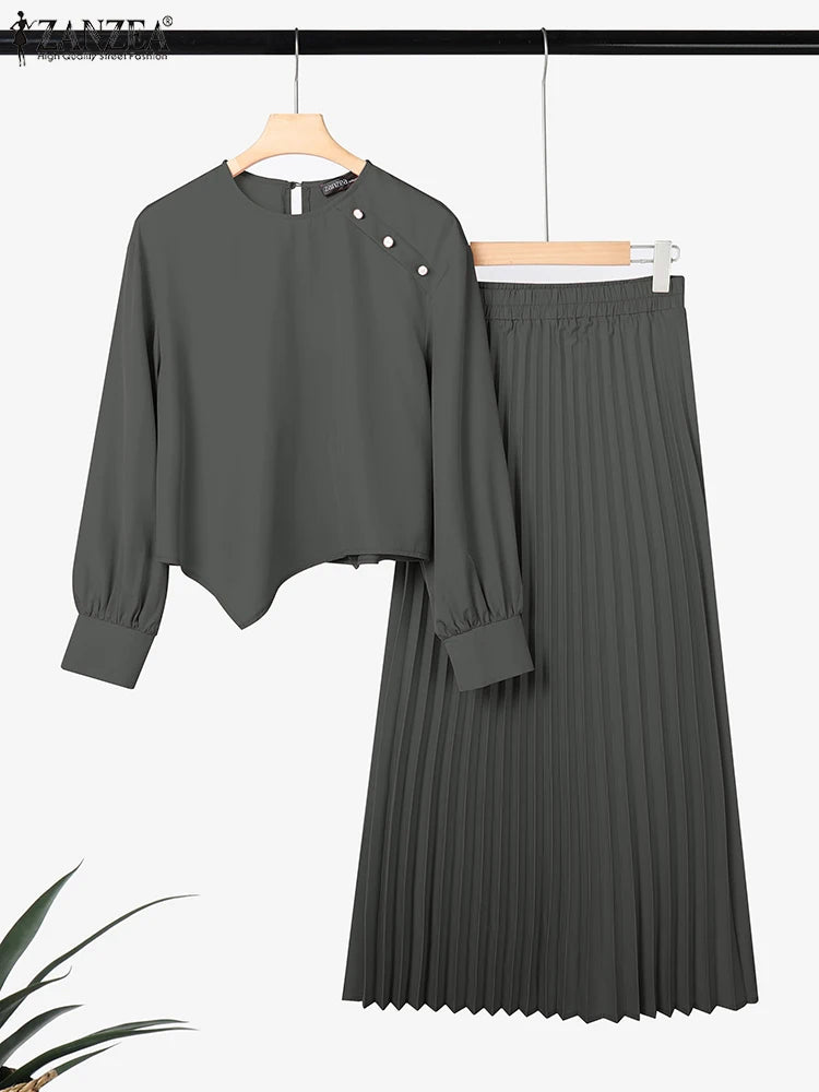 ZANZEA Muslim 2025 Hijabis Modest 2 Piece Skirt Sets Long Sleeve Asymmetrical Hem Blouse and Maxi Pleated Skirt Islamic Outfits