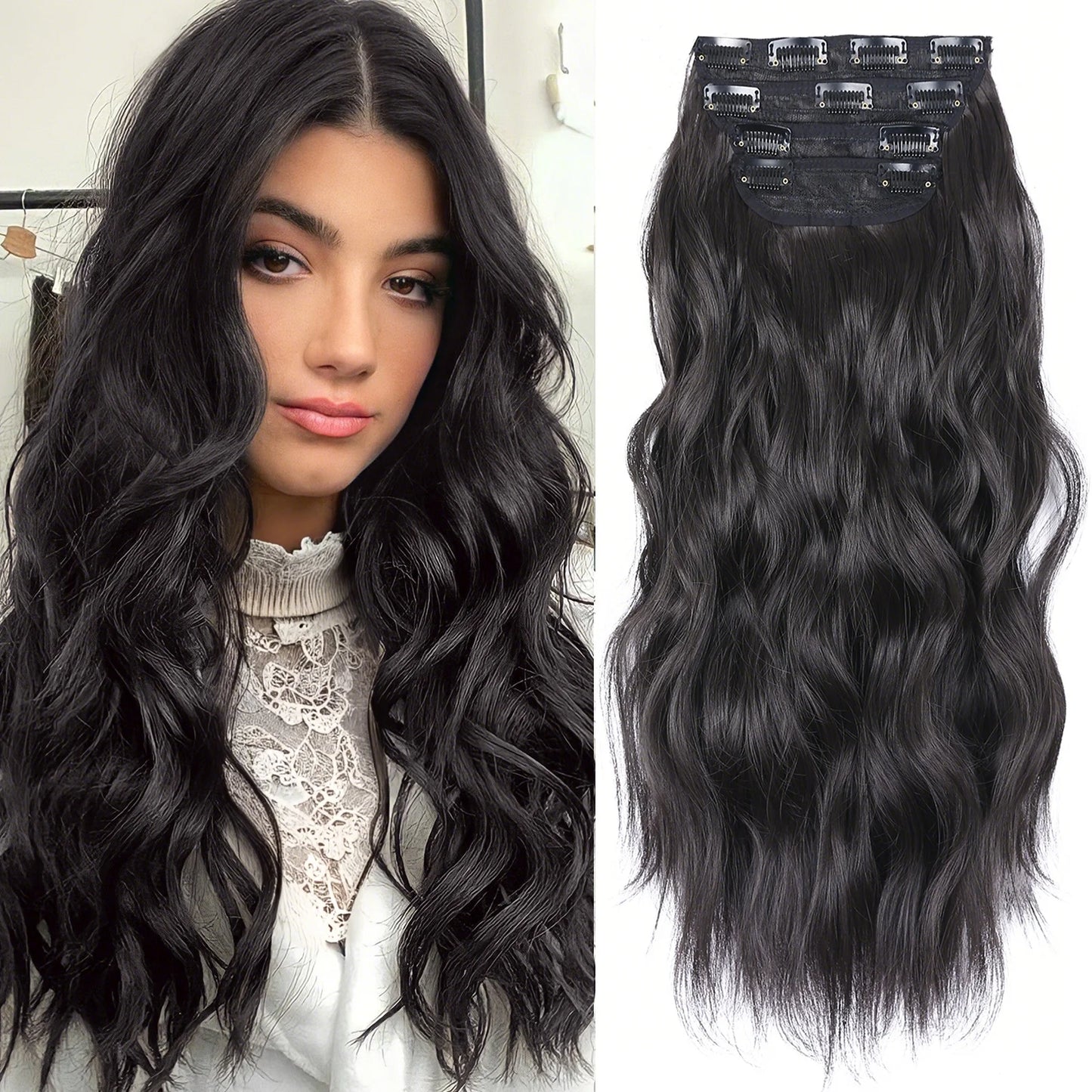 4Pcs/Set 20Inch Synthetic Hair Clip In Long Wavy Thick Hairpieces For Women Full Head Synthetic Hair Extensions Ombre Hairpieces