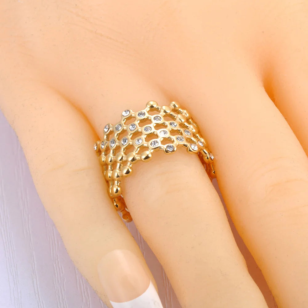 Lokaer Cubic Zircon CZ Stone Crystal Wide Ring Jewelry Women Stainless Steel Waterproof 18K Gold Plated Statement Rings R24002