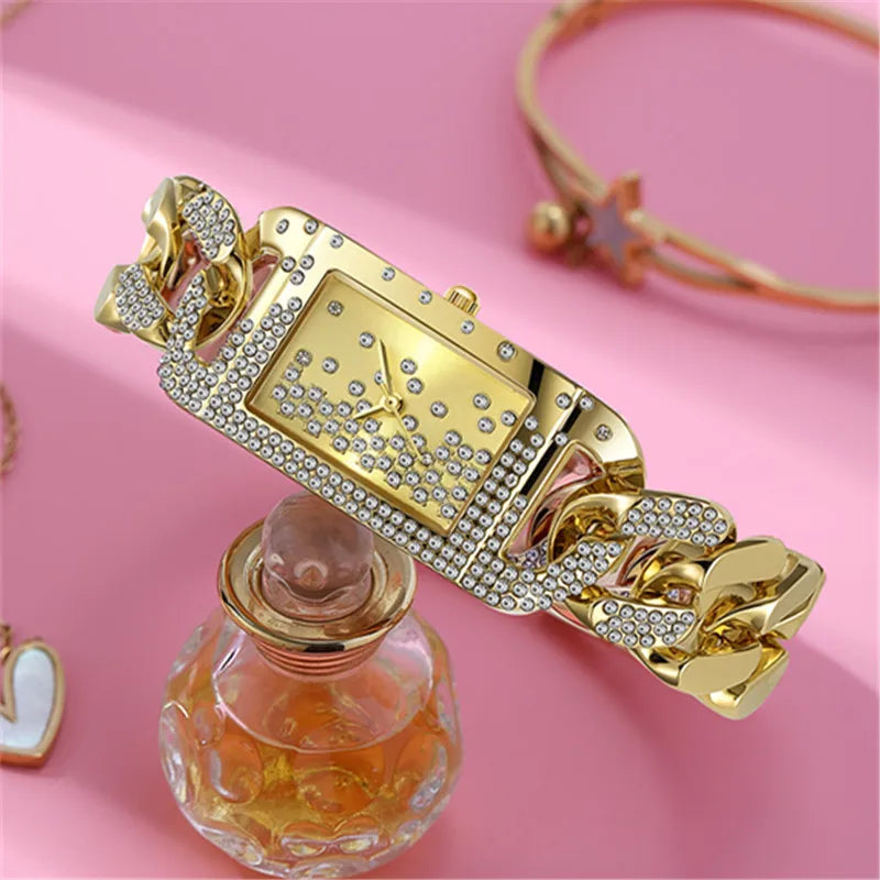 Bracelet Watches Students Girls Fashion Casual Alloy Band Luxury Diamond Golden Rectangular Quartz Watch