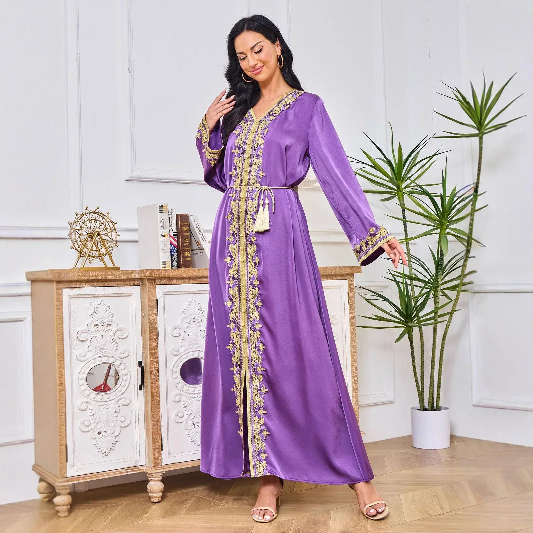 Fashionable Muslim Abaya Jalabiya Long Dress Summer New Style Cross-Border Ethnicity Style Polyester Long Skirt with Lace Edge