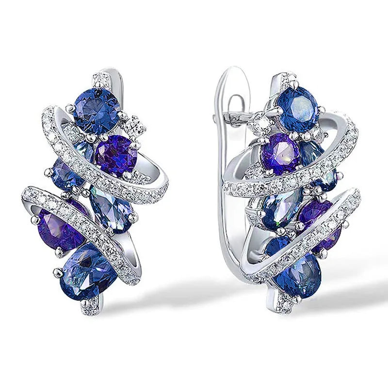 Huitan Green/Blue Cubic Zirconia Hoop Earrings for Women New Temperament Elegant Bridal Wedding Party Earrings Trendy Jewelry