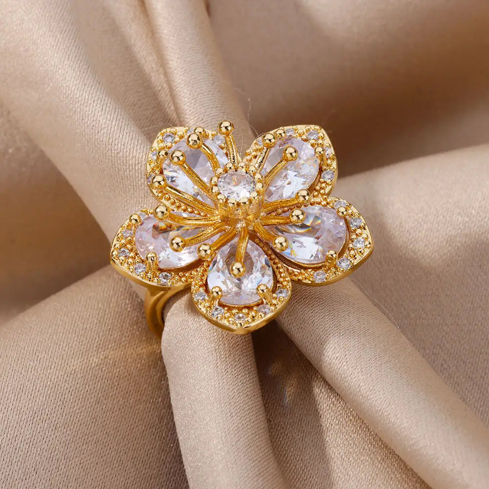 Pink Zircon Flower Rings for Women Gold Color Stainless Steel Ring Trend Elegant Floral Luxury Aesthetic Jewelry anillos