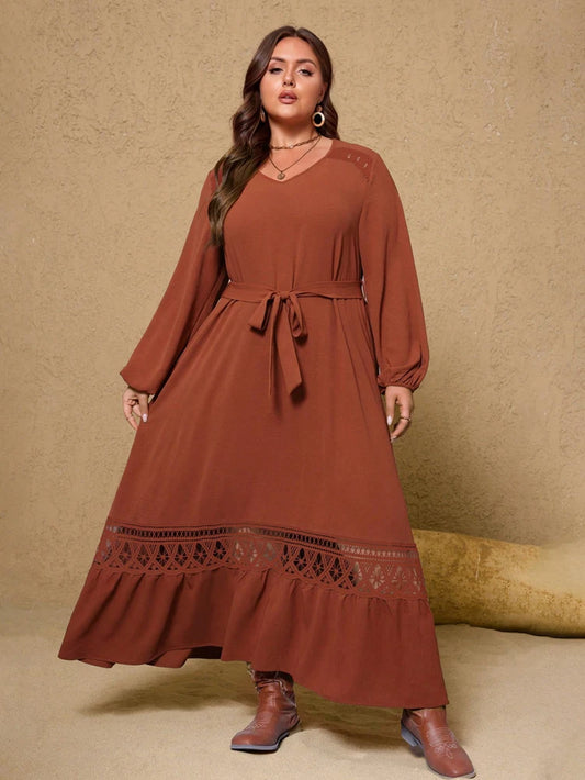Plus Size Women's New Brown V-neck Fashion Casual Dresses Belt Lace Long Elegant Casual Dignity Party