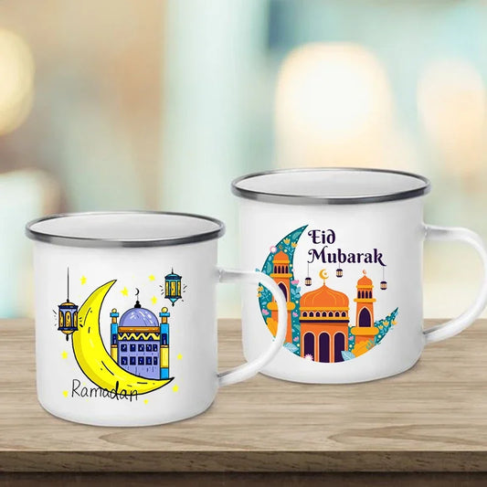 Eid Mubarak Moon Print Creative Coffee Cup Eid Ramadan Party Decor Drinks Wine Juice Cocoa Cups Islamic Muslim Enamel Mugs Gifts