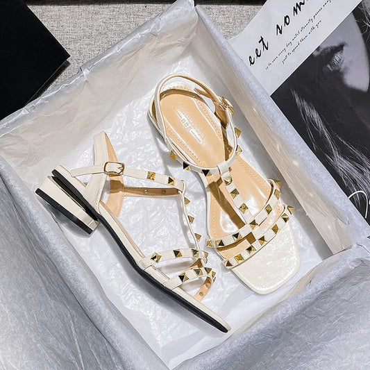 Summer low heel women rivets sandals thin ribbon fashion design girls shoes large size wear slippers free delivery