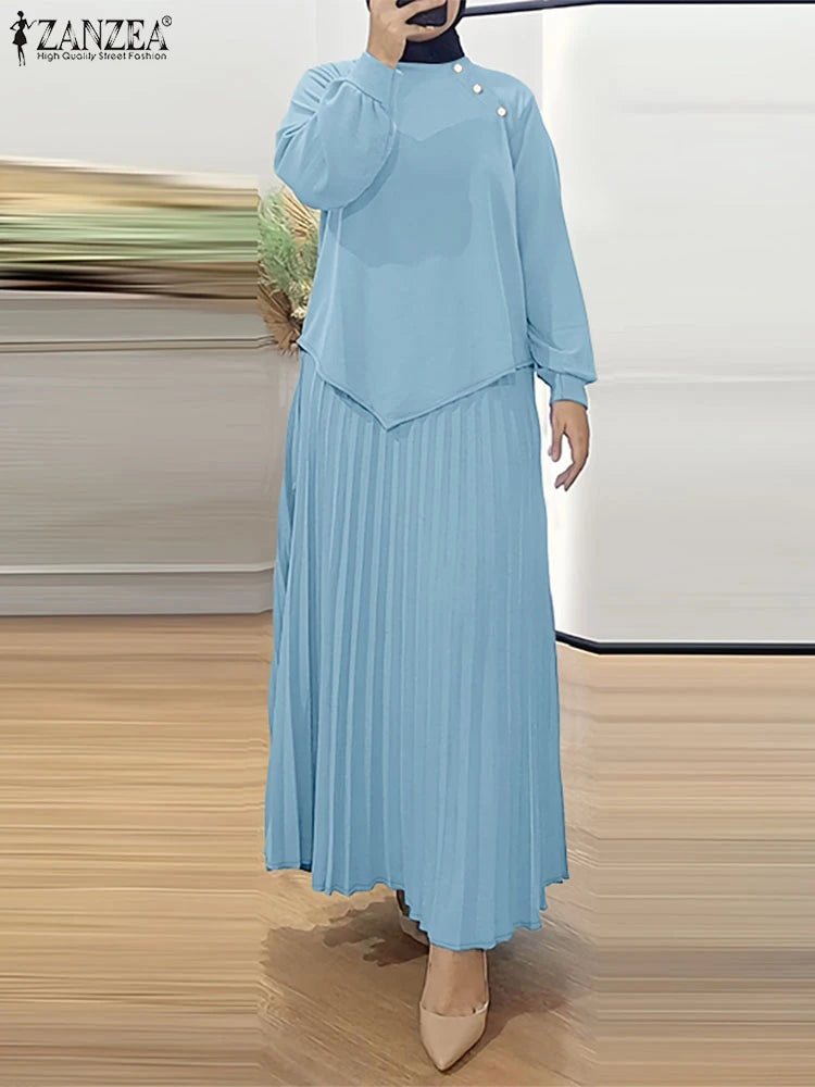 ZANZEA Muslim 2025 Hijabis Modest 2 Piece Skirt Sets Long Sleeve Asymmetrical Hem Blouse and Maxi Pleated Skirt Islamic Outfits