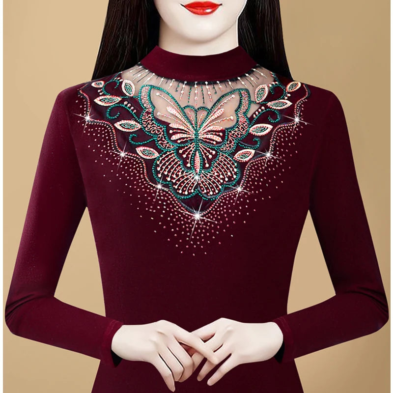 Autumn Winter Women's T shirt New Long Sleeve Patchwork Embroidery Lace Shirt Half High Collar Diamond Mesh Tops