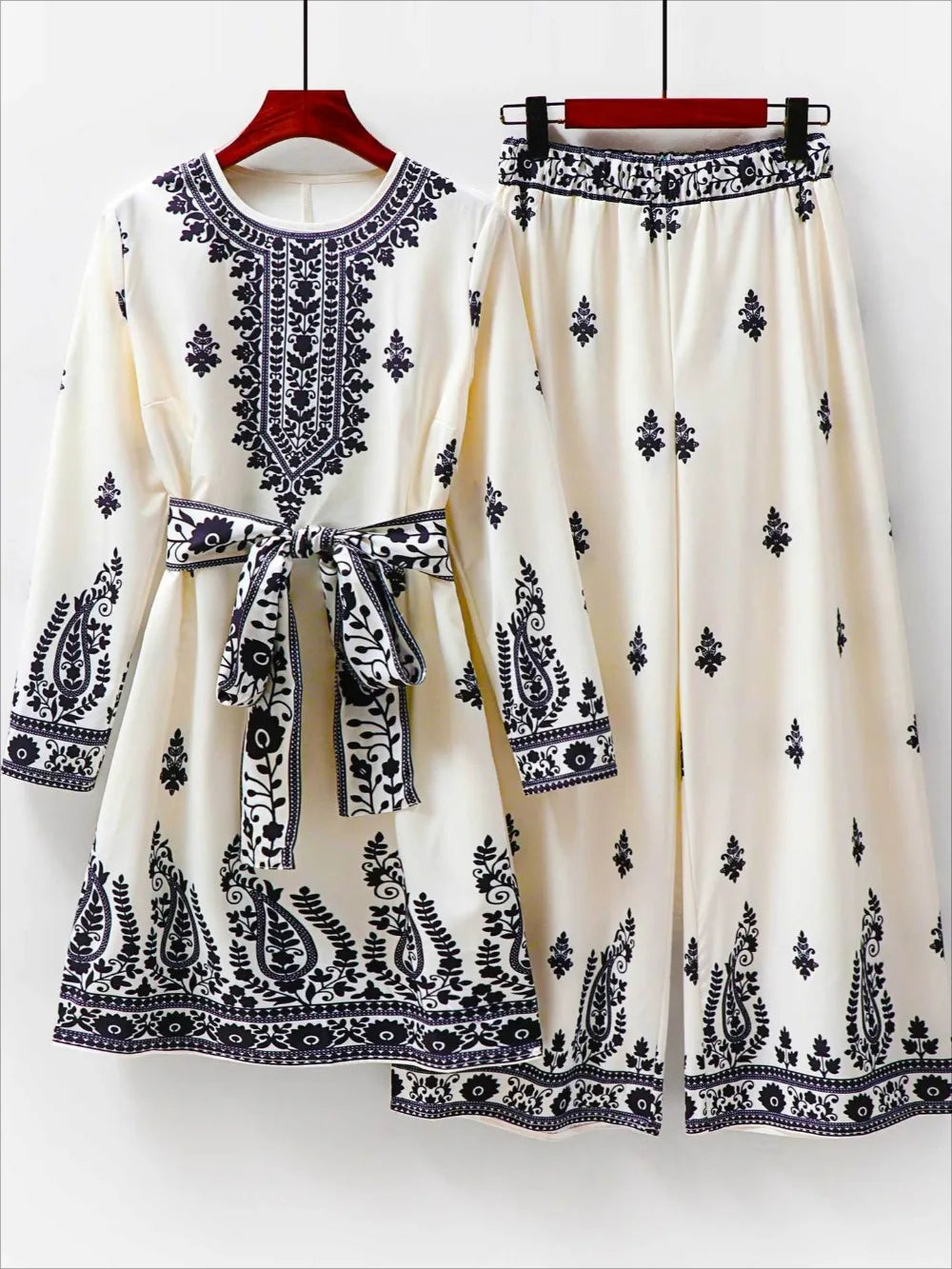 Muslim 2 Piece Set Women Print Blouse Dubai India Top Wide Leg Pants Suit Morocco Musulman Ensemble Casual Femme Arabic Outfits