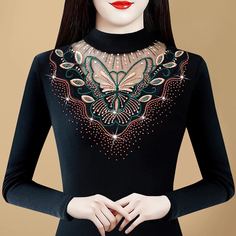 Autumn Winter Women's T shirt New Long Sleeve Patchwork Embroidery Lace Shirt Half High Collar Diamond Mesh Tops