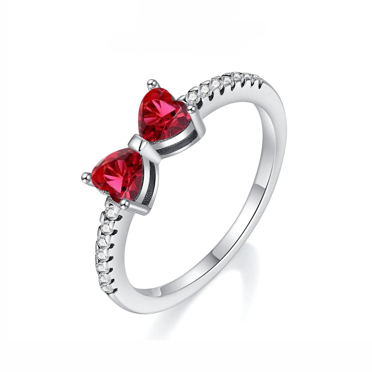 Sparkling 925 Sterling Silver Pink Bow Ring Timeless Pavé Red Heart Finger Rings for Women Wedding Crystal Ring Jewelry Gift