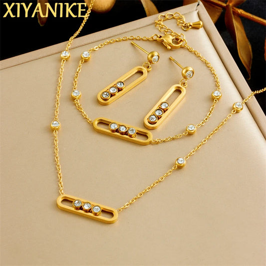XIYANIKE 316L Stainless Rounded Rectangle Creative Movable White Crystal Necklace Bracelet Earring Set Women Jewelry Suit Gifts
