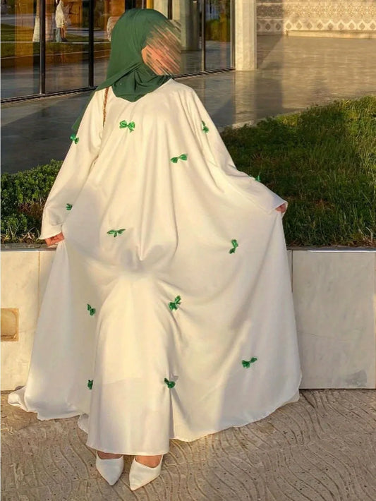 Dubai Women Dress Bow Loose Abaya Caftan Muslim Eid Arab Flare Sleeve Long Robe Vestidos Largos Jalabiya Ramadan Morocco Dresses