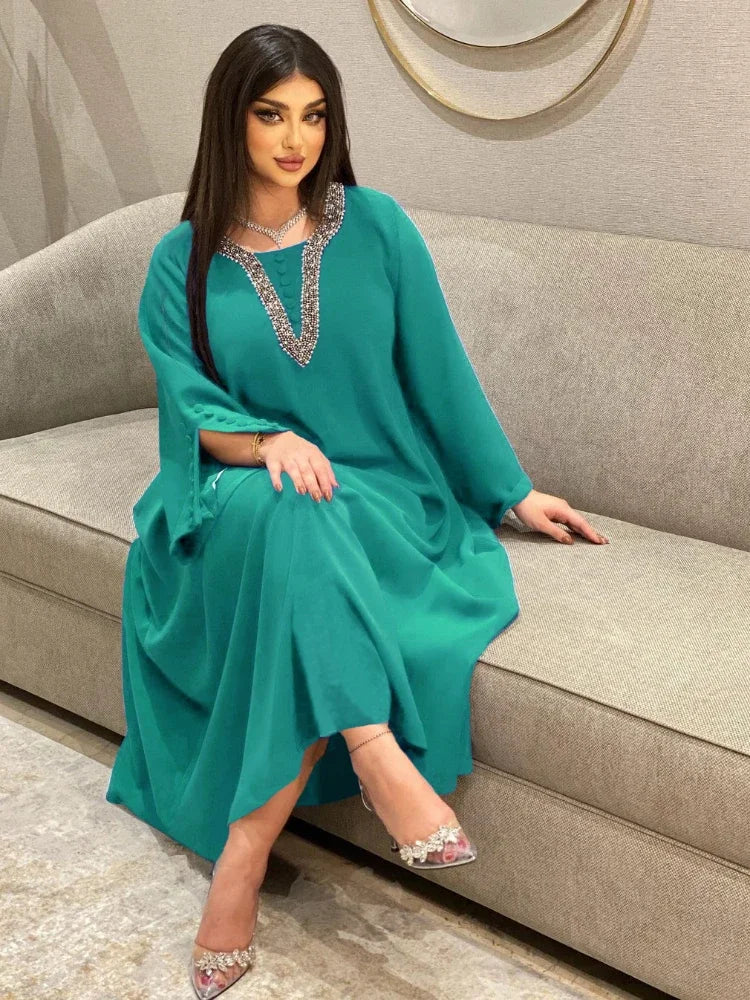 Morocco Party Dress for Women Fashion Diamonds Button Decoration Long Sleeve Party Prom Dress Ramadan Muslim Women Maxi Vestidos
