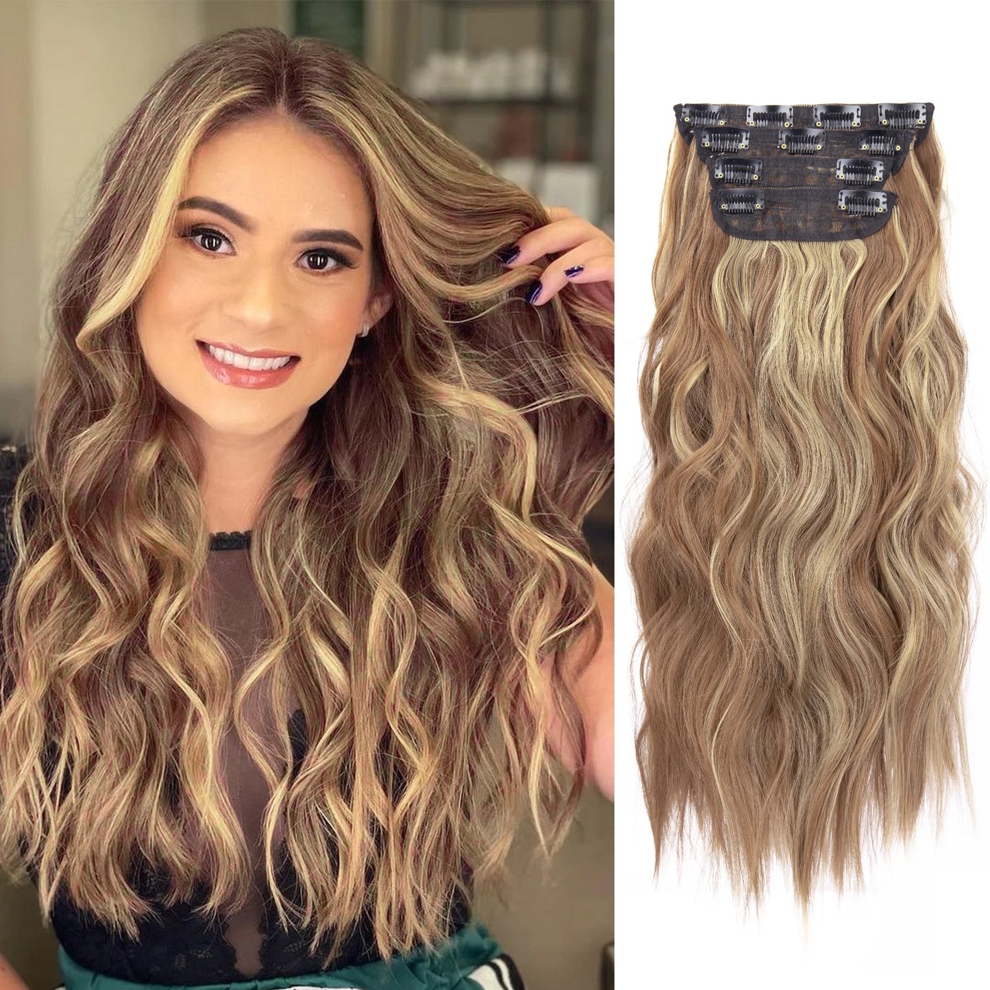 4Pcs/Set 20Inch Synthetic Hair Clip In Long Wavy Thick Hairpieces For Women Full Head Synthetic Hair Extensions Ombre Hairpieces