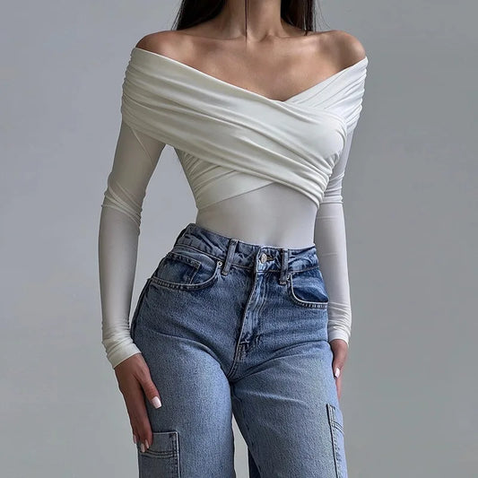Off Shoulder Women's Bodysuits Fashion Crossed Folds Skinny Rompers Long Sleeve Fashion Streetwear Autumn Bodysuits New