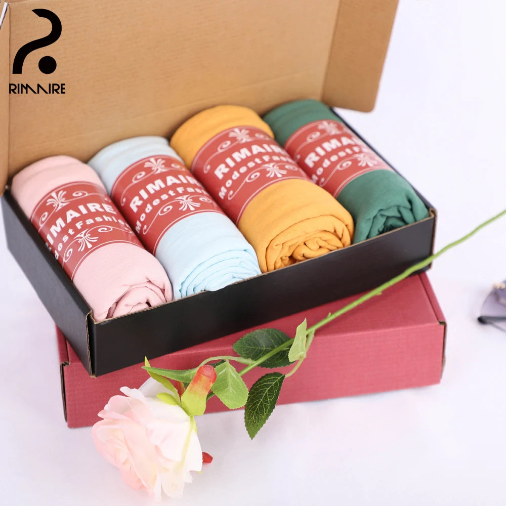 Fashion 4PCS Muslim Hijab Gift Box Set Cotton Womens Turban Headscarf Soft Ladies Thin Headscarves Shawl Wraps Wholesale RIMAIRE