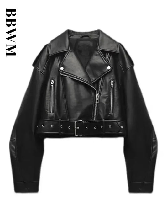 Women Oversized Vintage Loose Pu Faux Leather Short Jacket with Belt Streetwear Female Zipper Retro Moto Biker Coat Outwear