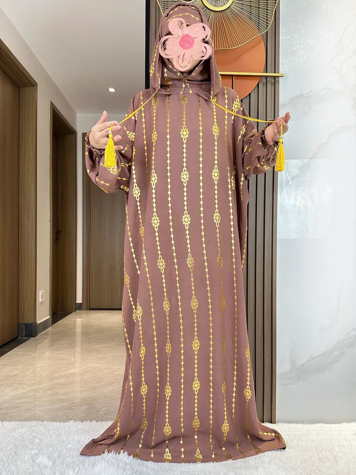 New Cotton Ramadan Muslim Two-Hat Abaya Dubai Turkey Islam Prayer Clothes Gold Dust   Dress Islam Women Dress Kaftan