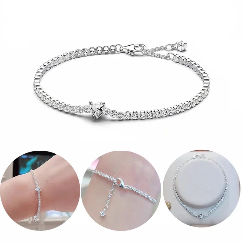 925 Silver Sparkling Red Heart Bracelet Pink Row Tennis Bracelet Shining Star Bracelet For Women Anniversary Gift Fine Jewelry