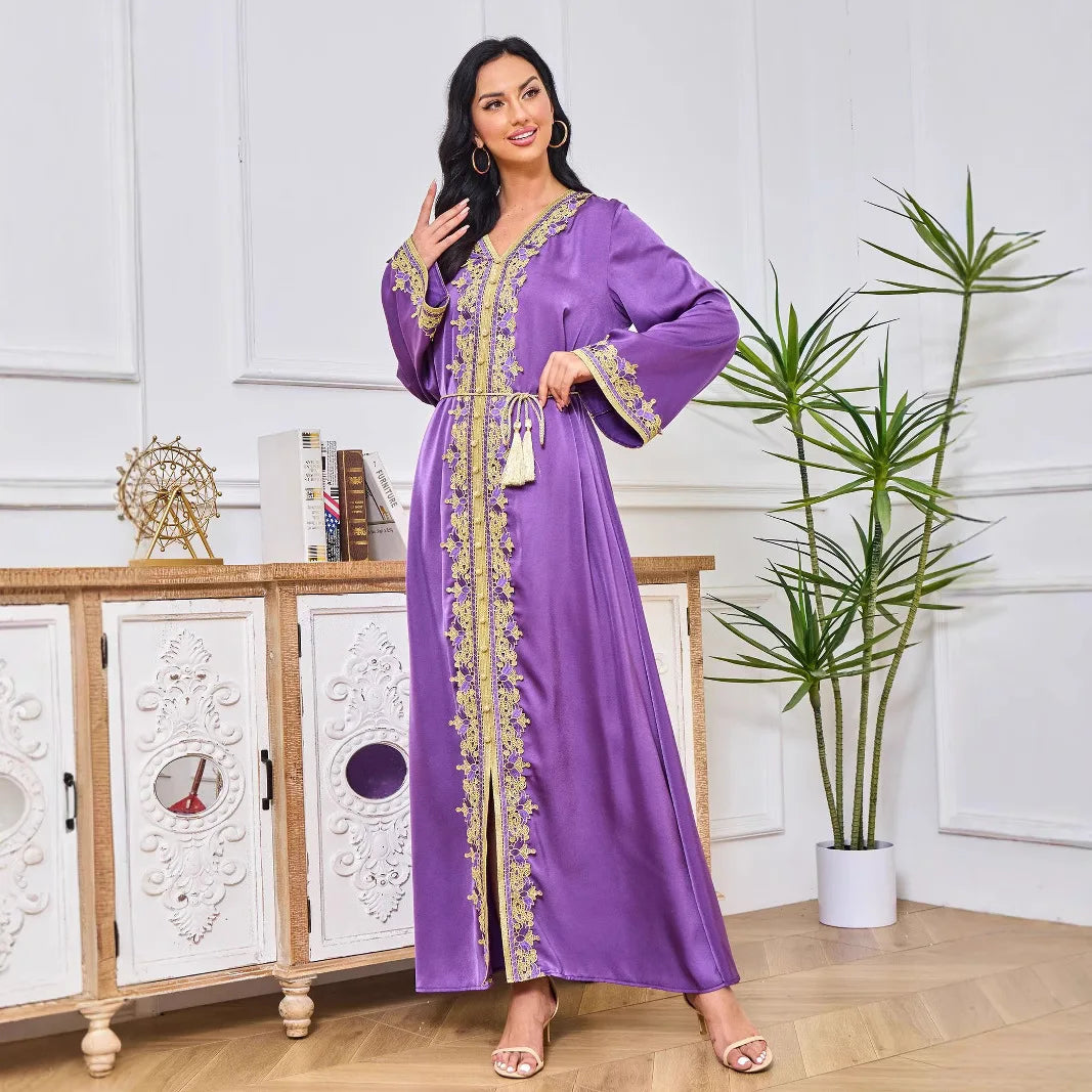 Fashionable Muslim Abaya Jalabiya Long Dress Summer New Style Cross-Border Ethnicity Style Polyester Long Skirt with Lace Edge